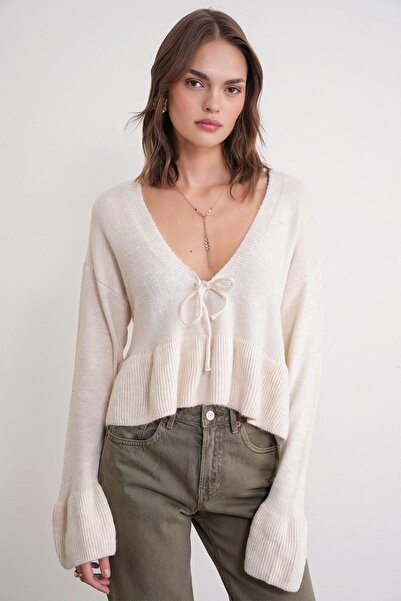 Mixray 6955 Pulover tricotat cu volane pentru femei Natural