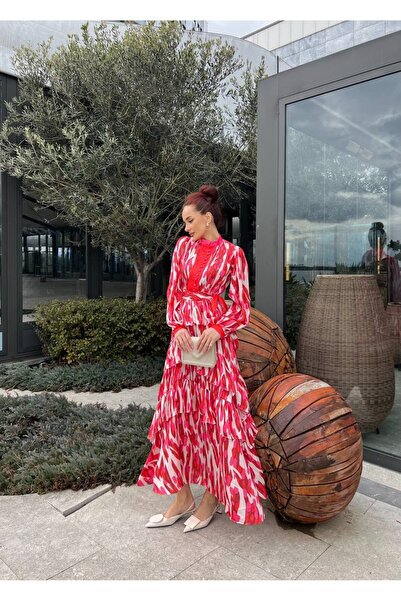 Genel Markalar Zarif Fırfırlı Desenli Tesettür Elbise