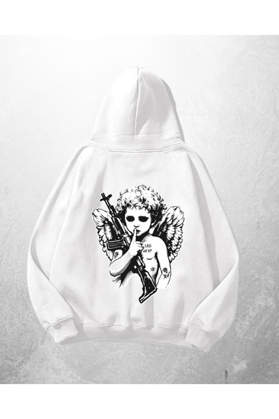 Gofeel Hanorac alb unisex cu înger cu pistol cu imprimeu supradimensionat tricou