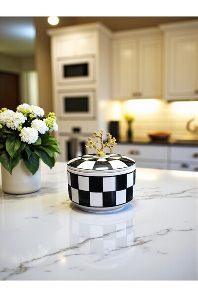 ferayhome Dekoratif 1 ADET Kutu Şekerlik Seramik Obje Damalı Gold - Feray Home