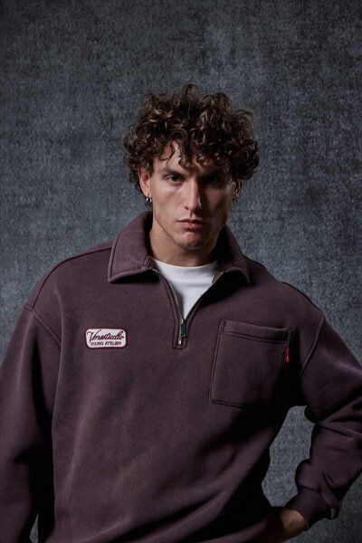 ablukaonline Ανδρικό φούτερ με μισό φερμουάρ Oversize καφέ