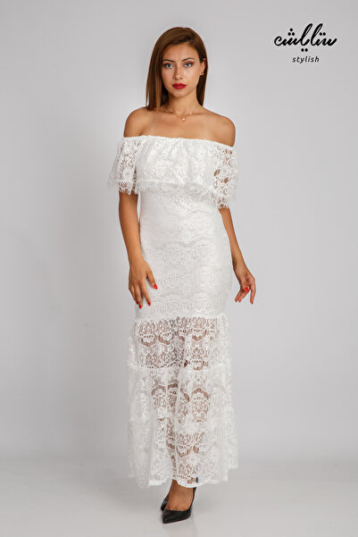 Stylish فستان ناعم من التل الأبيض الجميل بكم اوف شولدر وقصة شفافة من الأسفل،أنيق وجذاب