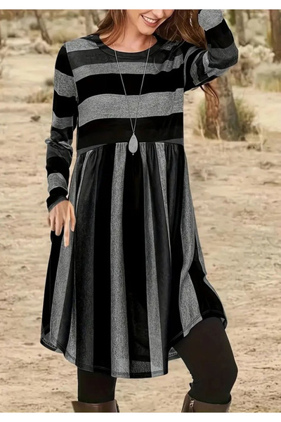 Little Visqon Kadın Uzun Kollu Bisiklet Yaka Çizgili Desen Detaylı Süprem Mini Elbise