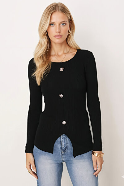 armonika Kadın Siyah Geniş Yaka Uzun Kollu Önden Yırtmaçlı Düğmeli Bluz ARM-2...