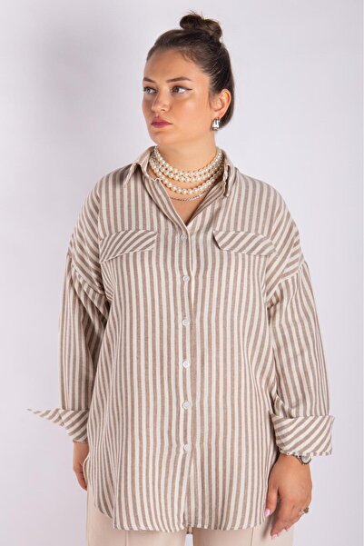 Bedrinxxl Kadın Büyük Beden Beyaz Çizgili Oversize Gömlek Rahat Kalıp Uzun Ko...