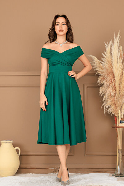 BEYBOS Rochie midi cu decolteu bărcuță - Verde smarald