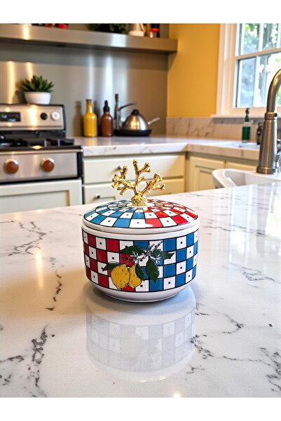 ferayhome Dekoratif 1 ADET Kutu Şekerlik Seramik Obje Damalı Limonlu Gold - F...