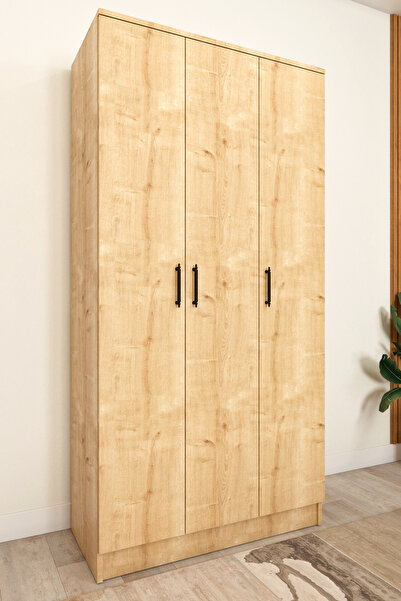 Ases Mobilya Ases ASL644 Geniş Gardırop 3 Kapaklı Elbise Dolabı Siyah Kulplu Beyaz ve Safir Meşe