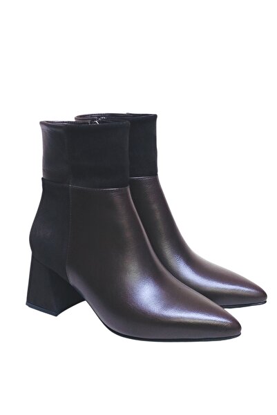 DRY SHOES Hakiki Deri Kahve Kadın Bot Günlük Ayakkabı Sivri Burun 6 Cm Orta Topuklu Fermuarlı Orta DRY-2105-K