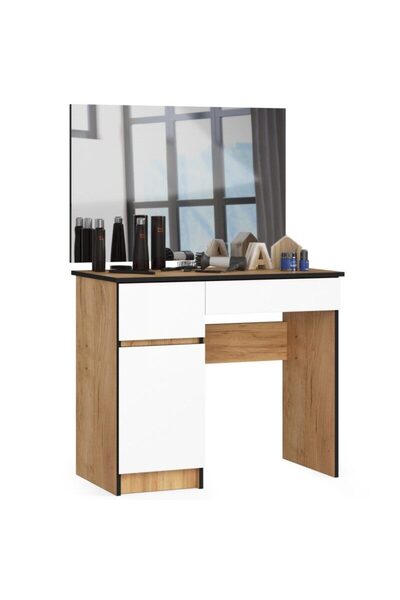 Artool Masa de toaleta/machiaj, 2 sertare stanga, cu oglinda, dulap, alb si stejar, 90x50x77/142 cm