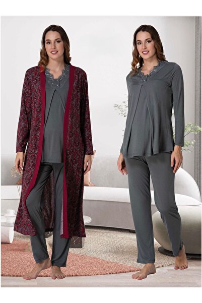 Lohusa Homewear Women's Smoked Special Design Patterned Maternity Pajama Set 3-Piece Set (Effortt)