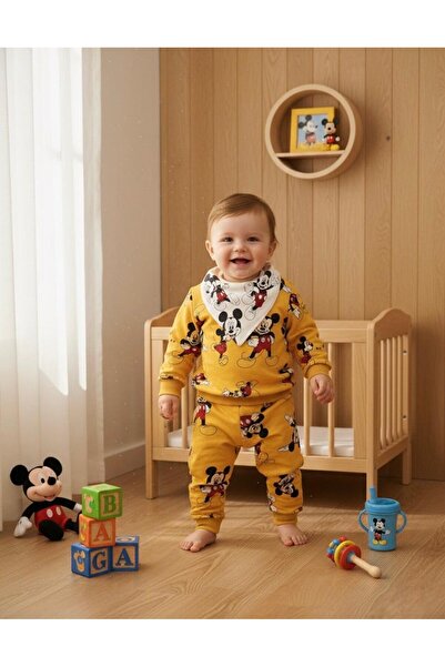 Lumos Trade Unisex Mickey Mouse Desenli Sarı 3’lü Bebek Takımı Sweatshirt + Alt + Fular Mama Önlüğü