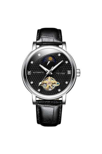 Tevise Ceas bărbătesc mecanic automat din piele neagră