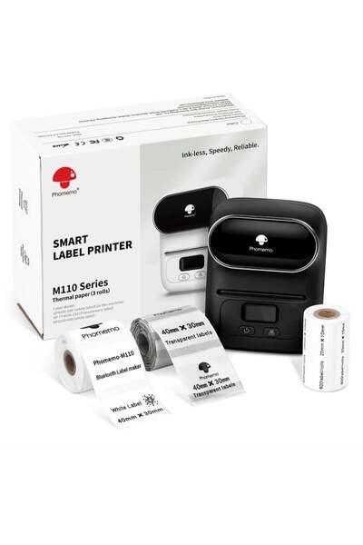 Phomemo طابعة حرارية لصانعة الملصقات M110 مزودة بثلاث لفات ورق باللون الأسود