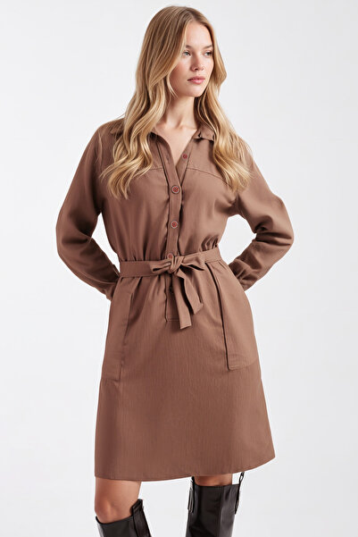 armonika Kadın Vizon Önden Düğmeli Cepli Kuşaklı Kadife Elbise ARM-25K001085