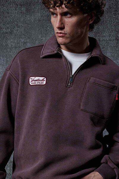 ablukaonline Ανδρικό φούτερ με μισό φερμουάρ Oversize καφέ