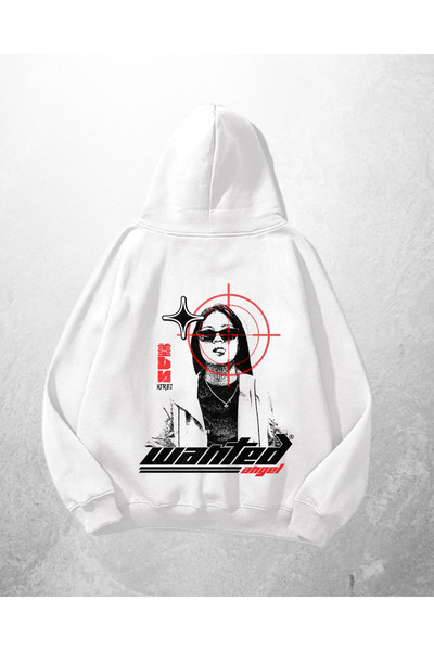 Gofeel White Unisex Wanted Printed Oversize Hoodie Sweatshirt