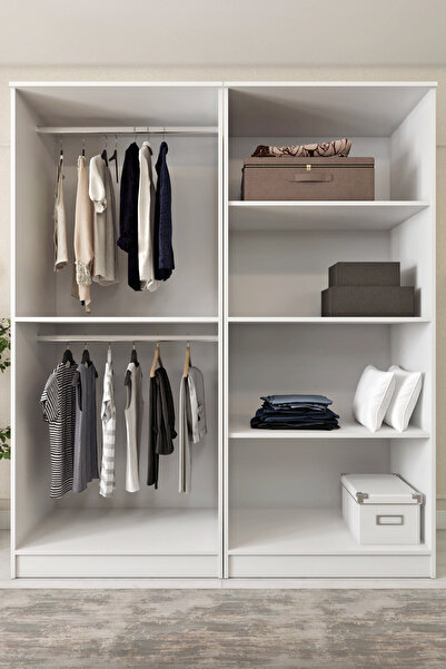 Ases ELA332 Wide and Large Wardrobe Wardrobe Clothes Cabinet Hanger 2 Straps 4 Lids White-Sapphire Oak