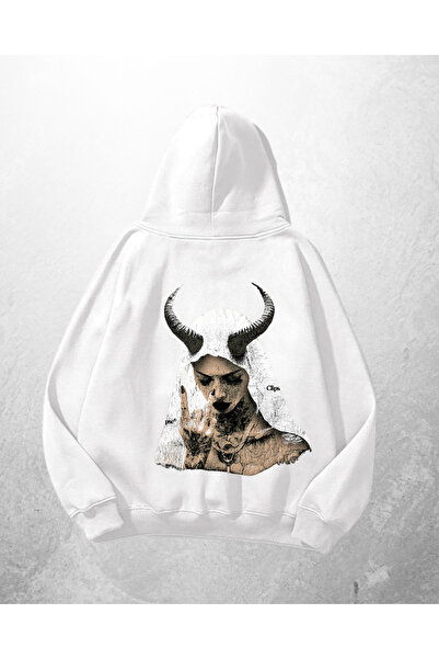 Gofeel Hanorac alb unisex cu corn cu imprimeu supradimensionat Swea tricou