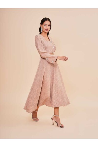 SERPİL Düğme ve Fırfır Detaylı Uzun Kollu Şık Midi Kadın Elbise 51080