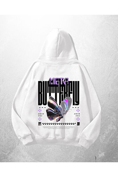 Gofeel Hanorac alb unisex Meta Butterfly cu imprimeu supradimensionat Swea tr...