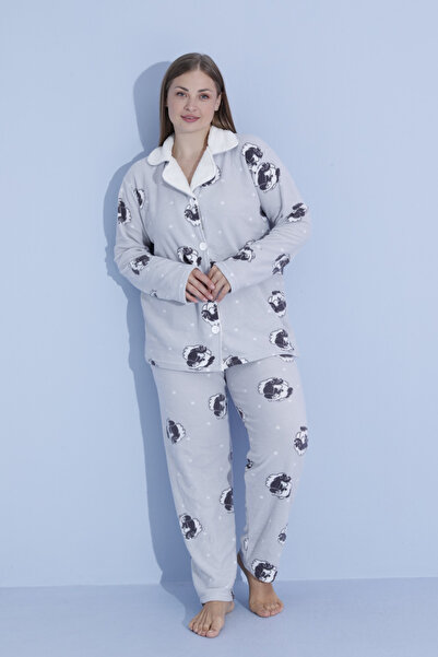 bigiyin Plus Size Buttoned Fleece Pajama Set Plus Size Winter Women's Pajama Set