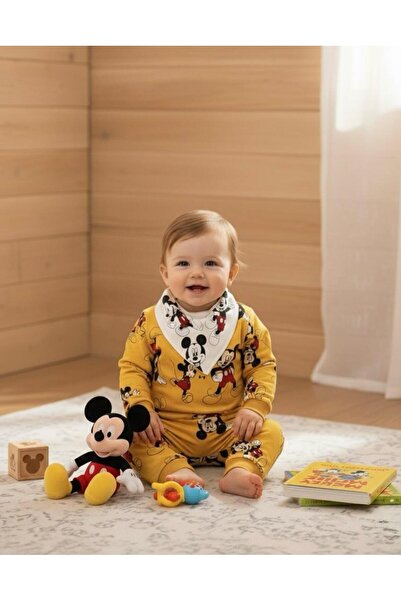 Lumos Trade Unisex Mickey Mouse Desenli Sarı 3’lü Bebek Takımı Sweatshirt + Alt + Fular Mama Önlüğü
