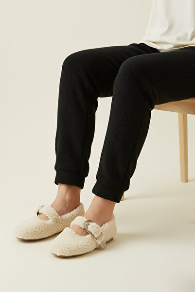 birizmoda Women's Gold Buckle Plush Home Slippers - Cream