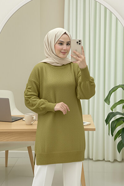 Kirazgym Soft Knit Sweater Tunic with Floral Detail on the Sleeve