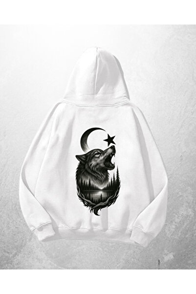Gofeel White Unisex Crescent Wolf Printed Oversize Hoodie Sweatshirt