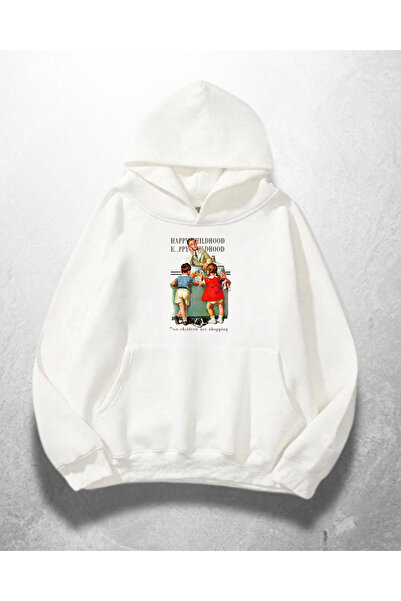 Gofeel Λευκό Unisex Retro Movie με τύπωμα oversized Φούτερ με κουκούλα