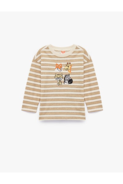 Koton Cotton Long Sleeve Crew Neck Embroidered Striped T-Shirt