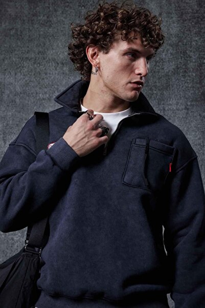 ablukaonline Ανδρικό φούτερ με μισό φερμουάρ Oversize Μαύρο