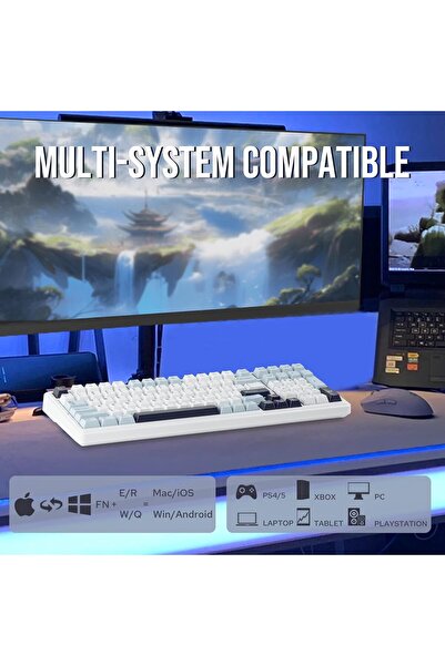 Epomaker لوحة مفاتيح الألعاب الميكانيكية اللاسلكية AULA F99 (أبيض أزرق، مفتاح رمادي خشبي V3)