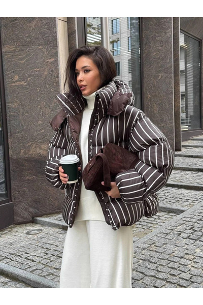 eybetsa معطف نسائي منفوخ مخطط بغطاء للرأس