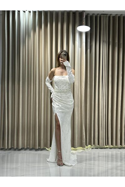 Kaleiçi Yıldızlar Beyaz İnci-Taş İşlemeli Straplez Eldiven Detay Elbise