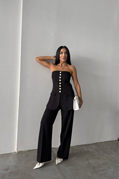 NORA Boutique Design Gold Buttoned Strapless Vest - Black