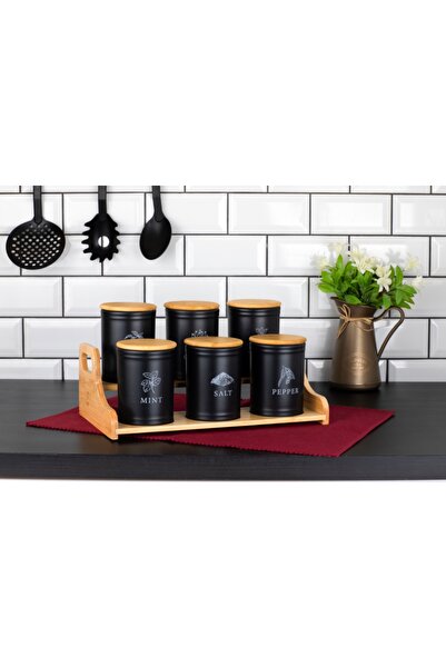 naturelove 6-Piece Black Ceramic Bamboo Vacuum Lid Spice Jar, Spice Storage J...
