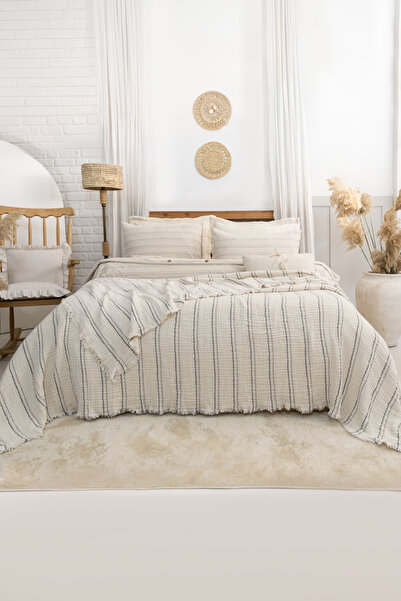 Dokubba Φυσικό ριγέ κάλυμμα κρεβατιού 4 στρώσεων King Size Muslin