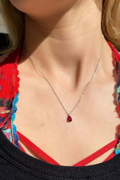 Spossy Silver Jewelry Kırmızı Taşlı Minimal Damla Kolye