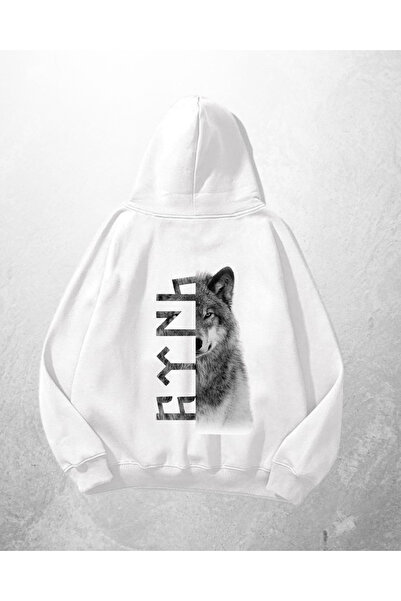 Gofeel Bela unisex majica sa kapuljačom Wolf Runik Štampano Oversize kroj