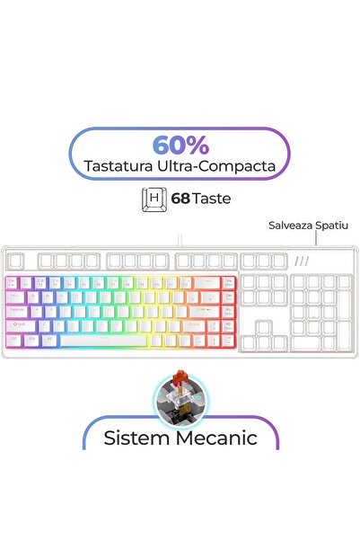 Timebox Tastatură mecanică de gaming, 60%, iluminare RGB, 68 de taste PBT Pudding, cu cablu Type-C, comutator roșu.