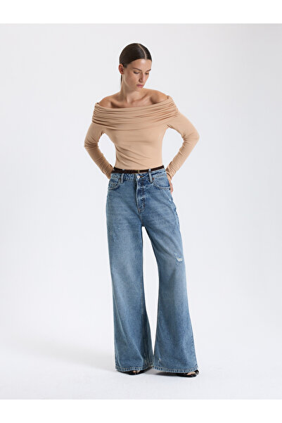 BAQA Beige Draped Shoulder Blouse