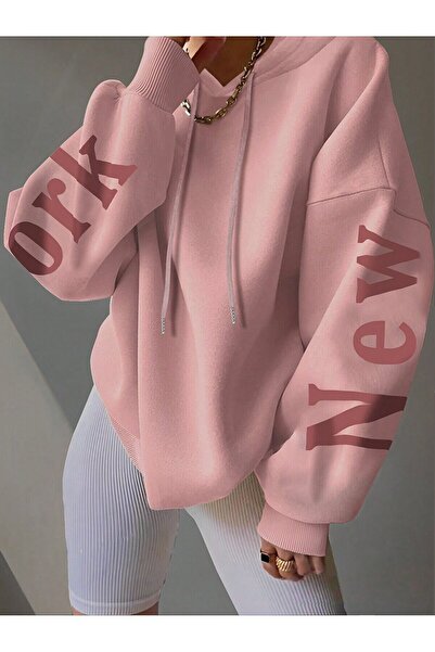 ZEMLİYA Bluză cu glugă cu mânecă lungă, imprimată cu litere simple, pentru fe...