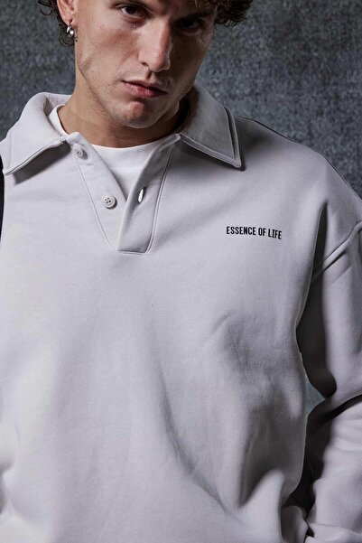 ablukaonline Men's Oversize Buttoned Polo Neck Sweatshirt Gray