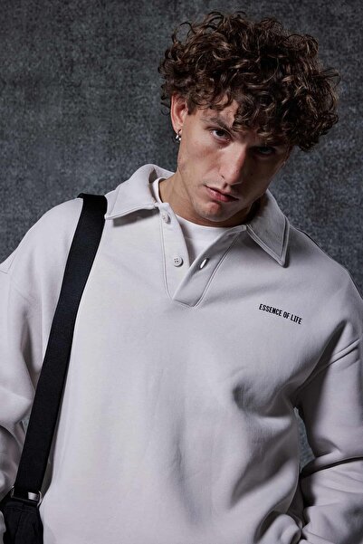 ablukaonline Men's Oversize Buttoned Polo Neck Sweatshirt Gray