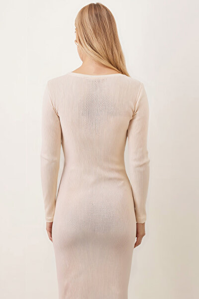 armonika Women's Ecru Wide Neckline Long Sleeve Button Front Bodycon Slit Dress Arm-26K001013