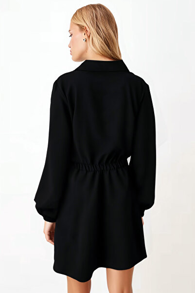armonika Kadın Siyah Gömlek Yaka Detaylı Beli Ve Kolu Lastikli Elbise ARM-26K001023