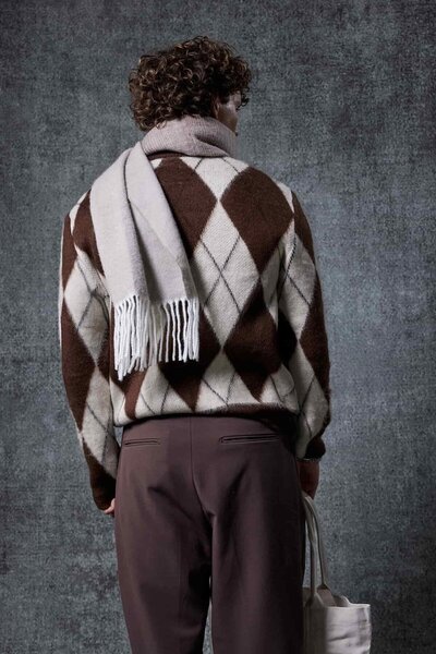 ablukaonline Men's Diamond Pattern Oversized Sweater Brown