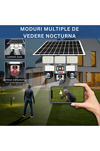 Taggo Cameră de supraveghere WiFi solară, 12MP, detecție mișcare, vedere nocturnă, rezistentă la intemperii IP66